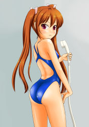 Rule 34 | brown eyes, brown hair, competition swimsuit, long hair, one-piece swimsuit, red eyes, shower head, solo, swimsuit, tk4, twintails