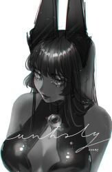 Rule 34 | 1girl, animal ears, auroralivevr, bare shoulders, breasts, cheru (cheruleanart), cleavage cutout, closed mouth, clothing cutout, eyelashes, fake animal ears, greyscale, highres, large breasts, lips, long hair, looking at viewer, monochrome, original, serafina (auroralivevr), simple background, smile, solo, upper body, virtual youtuber, white background