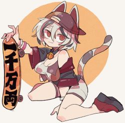 Rule 34 | 1girl, adapted costume, animal ears, bare shoulders, bell, breasts, cat ears, cat tail, cleavage, full body, goutokuji mike, highres, jacket, large breasts, looking at viewer, massakasama, multicolored hair, neck bell, off shoulder, short hair, simple background, sitting, skateboard, slit pupils, solo, tail, touhou, wariza, white background