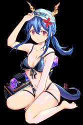 Rule 34 | 1girl, absurdres, arknights, arm up, bare arms, bare legs, bare shoulders, barefoot, bikini, black background, black bikini, blue hair, breasts, ch&#039;en (arknights), ch&#039;en the holungday (arknights), ch&#039;en the holungday (elite ii) (arknights), cleavage, commentary, dragon horns, dragon tail, eyewear on headwear, flower, front-tie bikini top, front-tie top, hair between eyes, hair flower, hair ornament, highres, horns, horns through headwear, long hair, looking at viewer, low ponytail, medium breasts, navel, noroi (noroi 03), official alternate hairstyle, red eyes, red flower, sidelocks, simple background, sitting, solo, stomach, sunglasses, swimsuit, tail, thighs, wariza, white headwear