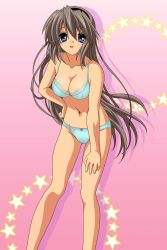 Rule 34 | 00s, 1girl, artist request, blue bra, blue eyes, blue panties, bra, breasts, brown hair, clannad, cleavage, female focus, gluteal fold, gradient background, hairband, highres, lace, legs, lingerie, long hair, navel, panties, ribbon, sakagami tomoyo, simple background, solo, star (symbol), third-party edit, underwear, vector trace, very long hair