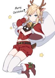 Rule 34 | 1boy, antlers, blonde hair, blue eyes, christmas, gloves, highres, horns, link, long hair, male focus, nintendo, pointy ears, shorts, solo, the legend of zelda, thighhighs, trap, tubumi