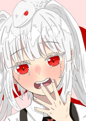 1girl blush crying crying_with_eyes_open grey_hair open_mouth red_eyes shangri-la_frontier snake solo tears white_hair white_snake wimp_(shangri-la_frontier)