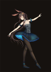 Rule 34 | 1girl, absurdres, adapted costume, amiya (arknights), animal ears, ankle ribbon, anklet, arknights, arm cuffs, ballerina, ballet, ballet slippers, black background, black dress, black pantyhose, blue footwear, breasts, brown hair, choker, closed mouth, collarbone, dancing, dress, expressionless, eyelashes, closed eyes, frilled cuffs, frilled skirt, frills, full body, highres, jewelry, ku-ini, leg ribbon, leotard, long hair, miniskirt, multiple rings, off-shoulder dress, off shoulder, outstretched arms, pantyhose, pleated skirt, rabbit ears, ribbon, ring, see-through silhouette, shoes, short dress, simple background, skirt, small breasts, solo, standing