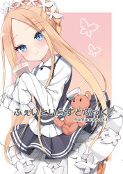Rule 34 | 1girl, abigail williams (fate), abigail williams (festival outfit) (fate), absurdres, apron, bad id, bad pixiv id, black skirt, blonde hair, blue eyes, blush, border, braid, bubble tea, butterfly hair ornament, closed mouth, commentary, cup, dress, drinking straw, fate/grand order, fate (series), french braid, gradient background, hair ornament, heroic spirit chaldea park outfit, highres, holding, holding cup, kamu (geeenius), long hair, long sleeves, looking at viewer, maid, maid apron, maid headdress, official alternate costume, parted bangs, pink background, sash, skirt, sleeves past fingers, sleeves past wrists, smile, solo, stuffed animal, stuffed toy, teddy bear, white border, white dress