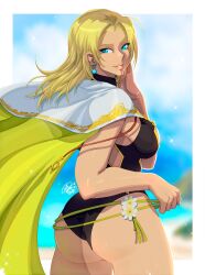 Rule 34 | absurdres, ass, beach, blonde hair, blue eyes, breasts, cape, earrings, fire emblem, fire emblem: the sacred stones, fire emblem heroes, hand on own cheek, hand on own face, highres, jewelry, large breasts, looking at viewer, medium hair, nintendo, official alternate costume, parted bangs, raised eyebrow, selena (fire emblem: the sacred stones), selena (summer) (fire emblem: the sacred stones), sideboob, signature, smile, swimsuit, thighs, tovio rogers