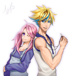 Rule 34 | 1boy, 1girl, ahoge, alternate costume, bad id, bad pixiv id, blonde hair, blue eyes, blue hair, casual, ezreal, krys, league of legends, leaning on person, looking at viewer, lux (league of legends), multicolored hair, necklace, one eye closed, overalls, pink hair, purple eyes, signature, simple background, smile, spiked hair, star guardian (league of legends), star guardian ezreal, star guardian lux, tooth necklace, twintails, two-tone hair, white background