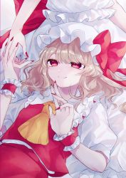 Rule 34 | 2girls, ascot, back bow, bow, brown hair, closed mouth, collar, collared shirt, dress, eyes visible through hair, fingernails, flandre scarlet, frills, gradient background, hair between eyes, hands up, hat, hat bow, highres, katai (nekoneko0720), light brown hair, long fingernails, looking at another, looking up, lying, lying on person, mob cap, multiple girls, nail polish, one side up, pink background, pink bow, puffy short sleeves, puffy sleeves, red bow, red eyes, red nails, red skirt, red vest, remilia scarlet, seiza, shirt, short hair, short sleeves, siblings, sisters, sitting, skirt, smile, touhou, vest, white background, white dress, white headwear, white shirt, wrist cuffs, yellow ascot