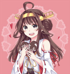 Rule 34 | 10s, 1girl, bad id, bad pixiv id, bare shoulders, black eyes, blush, box, brown hair, chocolate, detached sleeves, double bun, emilion, gift, gift box, hair ornament, hairband, headgear, japanese clothes, kantai collection, kongou (kancolle), long hair, nontraditional miko, open mouth, personification, pink background, skirt, smile, solo, valentine