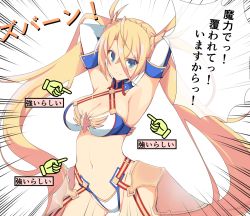 Rule 34 | 1girl, armpits, arms behind head, arms up, bare shoulders, bikini, blonde hair, blue bikini, blue eyes, bradamante (fate), bradamante (third ascension) (fate), braid, breasts, commentary request, detached collar, elbow gloves, fate/grand order, fate (series), french braid, gloves, long hair, medium breasts, navel, solo, speech bubble, swimsuit, tenpesuto, translation request, twintails, two-tone bikini, very long hair, white bikini