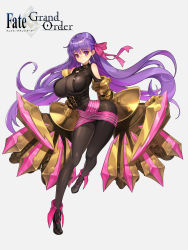Rule 34 | 10s, 1girl, absurdres, bare shoulders, belt, breasts, clothing cutout, collar, copyright name, curvy, english text, fate/extra, fate/extra ccc, fate (series), female focus, full body, gauntlets, hair ornament, hair ribbon, highres, large breasts, legs, long hair, looking at viewer, md5 mismatch, pantyhose, passionlip (fate), pink eyes, purple hair, purplemoon, resolution mismatch, ribbon, shoes, shoulder cutout, simple background, solo, source smaller, very long hair, weapon, white background