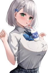 Rule 34 | 1girl, absurdres, blue bow, blue bowtie, blue skirt, blunt bangs, bob cut, bow, bowtie, braid, braided bangs, breasts, bubble tea challenge, commentary, diagonal-striped bow, diagonal-striped bowtie, diagonal-striped clothes, drinking straw, french braid, green eyes, grey hair, highres, hololive, large breasts, light blush, looking at viewer, meme, niuru (texg8435), object on breast, official alternate hairstyle, plaid, plaid skirt, school uniform, shirogane noel, shirogane noel (school uniform), shirt, short hair, short sleeves, simple background, skirt, solo, striped clothes, symbol-only commentary, taut clothes, taut shirt, virtual youtuber, w arms, white background, white shirt