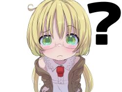Rule 34 | 1girl, ?, absurdres, blonde hair, brown jacket, child, confused, glasses, green eyes, highres, jacket, looking at viewer, made in abyss, raised eyebrow, riko (made in abyss), sekaineko 001, simple background, twintails, whistle, whistle around neck, white background