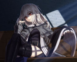 Rule 34 | 1girl, arknights, artist name, belt, black background, black belt, black cape, black capelet, black dress, black headwear, black nails, black thighhighs, cape, capelet, commentary request, couch, dress, garter straps, grey hair, habit, hand in own hair, hand on own face, unworn headwear, highres, indoors, long hair, long sleeves, nail polish, off shoulder, on couch, open mouth, partial commentary, red eyes, shironekoban, sitting, smile, solo, specter (arknights), thigh strap, thighhighs, turtleneck, watermark