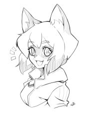 Rule 34 | 1girl, absurdres, animal ears, brand new animal, delux drawings, fang, furry, furry female, greyscale, highres, jacket, kagemori michiru, looking at viewer, monochrome, open mouth, raccoon ears, raccoon girl, shirt, short hair, simple background, sketch, smile, solo, track jacket, upper body, white background