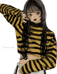 Rule 34 | 1girl, animal print, black eyes, black hair, black lips, black nails, commentary, cropped sweater, darico, eyeshadow, fingernails, grey eyes, hand on own face, hand up, highres, long hair, long sleeves, looking at viewer, makeup, mascara, midriff, nail polish, nostrils, original, parted lips, raglan sleeves, shirt, signature, simple background, sleeves past wrists, solo, standing, striped clothes, striped legwear, striped shirt, striped sweater, sweater, symbol-only commentary, turtleneck, very long hair, white background, yellow eyeshadow