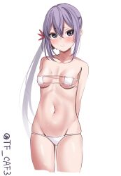 Rule 34 | 1girl, akebono (kancolle), alternate costume, arms behind back, bell, bikini, breasts, commentary request, cropped legs, eyepatch bikini, flower, hair bell, hair flower, hair ornament, highres, jingle bell, kantai collection, long hair, lowleg, lowleg bikini, one-hour drawing challenge, purple eyes, purple hair, side ponytail, simple background, small breasts, solo, swimsuit, tf cafe, twitter username, white background, white bikini