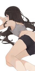 Rule 34 | 1girl, black hair, black shorts, camisole, duplicate, grey camisole, highres, hiroki (yyqw7151), inoue takina, legs, long hair, looking at viewer, lycoris recoil, lying, on stomach, purple eyes, shorts, simple background, solo, thighs, white background