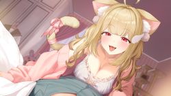 Rule 34 | 1boy, 1girl, ahoge, animal ear fluff, animal ears, blonde hair, blush, breasts, cardigan, cat ears, cat girl, cat tail, cleavage, collarbone, dress, fang, hair ornament, highres, indoors, kemomimi refle!, large breasts, looking at viewer, nekoma karin, open mouth, pink cardigan, pov, red eyes, shien (tatunokoshien00), shirt, solo focus, tail, tongue, tongue out, virtual youtuber, white dress