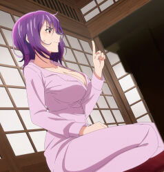 Rule 34 | 1girl, absurdres, aoba yuzuki, breasts, cleavage, collarbone, highres, index finger raised, large breasts, long sleeves, medium hair, pajamas, pink pajamas, pink shirt, purple hair, red eyes, screencap, seiza, shirt, sidelocks, sitting, stitched, temple (series), thighs, third-party edit, unbuttoned, unbuttoned shirt