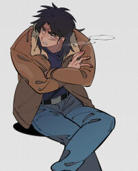 Rule 34 | 1boy, belt, black belt, black eyes, black hair, blue pants, bomber jacket, breath, brown jacket, clenched teeth, commentary request, crossed arms, facial scar, feet out of frame, fingernails, grey background, highres, inudori, itou kaiji, jacket, kaiji, long hair, long sleeves, looking afar, looking to the side, male focus, medium bangs, open clothes, open jacket, pants, parted bangs, scar, scar on cheek, scar on face, simple background, solo, standing, teeth