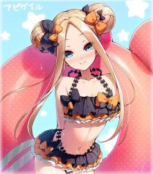 Rule 34 | 1girl, abigail williams (emerald float) (fate), abigail williams (fate), arms behind back, bare shoulders, bikini, black bikini, black bow, blonde hair, blue background, blue eyes, blush, bow, breasts, character name, closed mouth, collarbone, double bun, emerald float, fate/grand order, fate (series), forehead, frilled bikini, frills, hair bow, hair bun, huyukaaki, innertube, long hair, looking at viewer, multiple hair bows, navel, official alternate costume, orange bow, parted bangs, pink innertube, polka dot, polka dot bow, sidelocks, small breasts, smile, star (symbol), starry background, swim ring, swimsuit