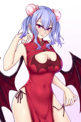 Rule 34 | 1girl, absurdres, aged up, alternate costume, alternate hairstyle, bad id, bad nicoseiga id, bare arms, bare shoulders, bat wings, black panties, blue hair, breasts, bun cover, china dress, chinese clothes, cleavage, commentary, covered navel, cowboy shot, double bun, dress, fangs, fangs out, female focus, gradient background, hair between eyes, hair bun, hair ornament, hairclip, hand up, highres, large breasts, long hair, looking at viewer, nail polish, panties, pelvic curtain, pointy ears, purple background, red dress, red eyes, red nails, remilia scarlet, side-tie panties, side slit, sidelocks, sleeveless, sleeveless dress, smile, solo, standing, touhou, twintails, underwear, untied panties, white background, wings, zellam