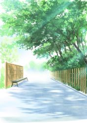 Rule 34 | bench, car, commentary request, day, fence, highres, hirota (masasiv3), motor vehicle, mountain, no humans, outdoors, path, road, scenery, sky, tree