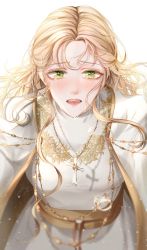 Rule 34 | 1girl, absurdres, blonde hair, cape, cross, cross necklace, crying, crying with eyes open, dated, embroidery, eyelashes, foru78, gem, glint, green eyes, half updo, highres, jewelry, light particles, lips, long hair, looking at viewer, messy hair, necklace, parted bangs, parted lips, psyche callista, red lips, sash, signature, simple background, solo, sparkle, streaming tears, tears, upper body, white background, white cape, your throne