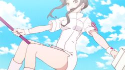 Rule 34 | 2girls, animated, animated gif, broom, cloud, elbow gloves, facial tattoo, flying, gloves, hat, lowres, multiple girls, nurse, outdoors, sky, tattoo, v lila f, witch, witch hat, yarizakura hime, yozakura quartet