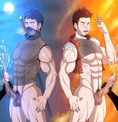 Rule 34 | 4boys, abs, bara, bottomless, cum, handjob, male focus, multiple boys, muscular, nipples, pectorals, penis, size difference, steam, sweat, tagme, testicles, toto (artist), uncensored, wince, yaoi