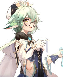 Rule 34 | 1girl, absurdres, animal ears, breasts, cape, cat ears, erlenmeyer flask, flask, fur collar, genshin impact, glasses, gloves, gold trim, green hair, hair between eyes, hat, highres, holding, long hair, lumo 1121, open mouth, semi-rimless eyewear, simple background, solo, sucrose (genshin impact), test tube, upper body, vision (genshin impact), white background, white cape, wide sleeves, yellow eyes