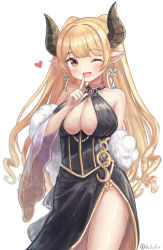 Rule 34 | 1girl, :d, alba (granblue fantasy), bare shoulders, black dress, blonde hair, blush, breasts, brooch, choker, cleavage, draph, dress, drill hair, earrings, finger to mouth, gold trim, granblue fantasy, heart, highres, horns, jewelry, large breasts, long hair, looking at viewer, mole, mole under mouth, one eye closed, open mouth, orange eyes, pointy ears, side slit, sleeveless, sleeveless dress, smile, solo, stole, twitter username, vellistix, very long hair, white background