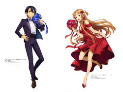 Rule 34 | 1boy, 1girl, :d, absurdres, asuna (sao), black hair, blue bow, blue bowtie, blue flower, blue rose, bouquet, bow, bowtie, breasts, brown eyes, brown footwear, brown hair, cleavage, collared shirt, dress, dress shirt, floating hair, flower, full body, hair flower, hair ornament, high heels, highres, holding, holding bouquet, jacket, kirito, leg up, long hair, medium breasts, official art, open clothes, open jacket, open mouth, pants, pumps, purple jacket, purple pants, red dress, red flower, red footwear, red rose, rose, shirt, short hair, simple background, skirt hold, sleeveless, sleeveless dress, smile, standing, sword art online, very long hair, white background, white shirt, wing collar