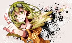 Rule 34 | 1girl, clenched teeth, foreshortening, goggles, goggles on head, green eyes, green hair, gumi, jacket, looking at viewer, matching hair/eyes, nou (nounknown), pointing, short hair, solo, song name, teeth, vocaloid