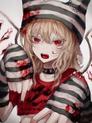 Rule 34 | 1girl, alternate costume, black choker, black hat, blonde hair, choker, clothes writing, commentary request, crystal, detached sleeves, fang, fangs, fingernails, flandre scarlet, hair between eyes, hands up, hat, highres, jewelry, long fingernails, long sleeves, looking at viewer, nail polish, open mouth, punk, red eyes, red nails, red shirt, rin (rin7kan7), shirt, short hair, short sleeves, solo, striped clothes, striped headwear, t-shirt, tongue, touhou, white hat, wings