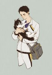 Rule 34 | 1boy, akaashi keiji, animal, animalization, bag, black hair, cat, chengongzi123, collared jacket, cropped legs, dual persona, grey background, haikyuu!!, hands up, highres, holding, holding animal, jacket, long sleeves, looking at animal, male focus, parted lips, short hair, simple background, standing, very short hair