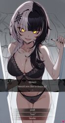 Rule 34 | 1girl, absurdres, bed, black hair, black nails, black panties, breasts, chain, cleavage, collar, collarbone, doujenrad, fangs, grey hair, hair ornament, highres, hololive, hololive english, indoors, long hair, looking at viewer, multicolored hair, navel, open mouth, panties, shiori novella, smile, solo, split-color hair, sweat, two-tone hair, underwear, underwear only, virtual youtuber, yellow eyes