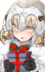 Rule 34 | 1girl, blush, box, christmas, elbow gloves, fate/grand order, fate (series), gift, gift box, gloves, gyaito, hair ribbon, headpiece, highres, jeanne d&#039;arc alter (fate), jeanne d&#039;arc (fate), jeanne d&#039;arc alter santa lily (fate), long hair, looking at viewer, ribbon, solo, white background