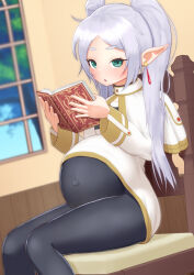 Rule 34 | 1girl, absurdres, black pantyhose, book, capelet, chair, commentary request, covered navel, dangle earrings, earrings, elf, frieren, gold trim, green eyes, highres, holding, holding book, indoors, jewelry, kogairoku, long hair, on chair, open mouth, outie navel, pantyhose, parted bangs, pointy ears, pregnant, sitting, solo, sousou no frieren, twintails, white capelet, white hair, window