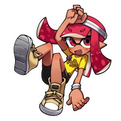 Rule 34 | 1girl, :d, arm up, badge, bike shorts, blunt bangs, button badge, dark-skinned female, dark skin, fang, full body, hime cut, inkling, inkling girl, inkling player character, lakilolom, long hair, nintendo, no nose, open mouth, pink eyes, pink hair, pointy ears, shirt, shoes, short sleeves, simple background, single vertical stripe, smile, solo, splatoon (series), splatoon 2, sweatband, t-shirt, tentacle hair, v-shaped eyebrows, white background, wristband, yellow footwear, yellow shirt