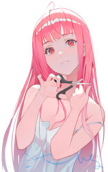 Rule 34 | 1girl, absurdres, ahoge, bare arms, breasts, chemise, cleavage, closed mouth, cutting hair, cutting own hair, highres, holding, holding own hair, holding scissors, long hair, medium breasts, original, peter pan (adtc7243), pink hair, red eyes, scissors, sleeveless, solo, spaghetti strap, upper body, white background, white chemise
