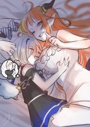 Rule 34 | 2girls, ahoge, amane kanata, amane kanata (work), angel, angel wings, arm pillow, bare shoulders, bed sheet, black shirt, black skirt, blonde hair, blue hair, blue skirt, bow, breast conscious, breasts, camisole, closed eyes, commentary request, cowboy shot, cuddling, diagonal-striped bow, doukyo&#039;s, dragon girl, dragon horns, dragon tail, dreaming, eyes visible through hair, facing another, finger to mouth, flat chest joke, frilled camisole, frills, gradient skirt, grin, hair over one eye, hand on another&#039;s chest, head on chest, highres, hololive, horn bow, horn ornament, horns, index finger raised, isuka, kiryu coco, large breasts, long hair, looking at viewer, lying, miniskirt, multicolored hair, multiple girls, official alternate costume, on bed, on side, open mouth, orange hair, pink hair, pointy ears, red eyes, shirt, shushing, sidelocks, signature, silver hair, single hair intake, sketch, skirt, sleeping, smile, streaked hair, striped, striped bow, tail, thought bubble, twintails, virtual youtuber, white camisole, wings