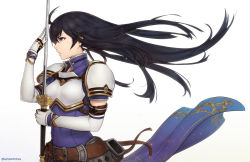 Rule 34 | 1girl, ahoge, armor, ayra (fire emblem), belt, belt buckle, black hair, blood, blue eyes, breastplate, breasts, buckle, cowboy shot, detached sleeves, dress, earrings, fire emblem, fire emblem: genealogy of the holy war, floating hair, from side, gloves, holding, holding sword, holding weapon, injury, jewelry, long hair, long sleeves, nintendo, parted lips, pauldrons, profile, purple dress, sheath, shoulder armor, simple background, small breasts, solo, sword, unsheathed, unsomnus, v-shaped eyebrows, weapon, white background, white gloves