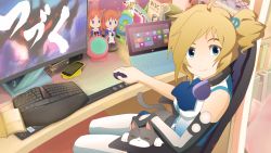 Rule 34 | 1girl, aizawa inori, ascot, book, brown hair, cat, cellphone, character doll, computer, desk, detached sleeves, drawing tablet, dress, figure, game console, hair ornament, headphones, headphones around neck, highres, internet explorer, looking at viewer, madobe ai, madobe yuu, microsoft, monitor, mouse (animal), mouse (computer), official art, official wallpaper, os-tan, phone, product placement, side ponytail, sleeveless, sleeveless dress, smartphone, solo, tablet pc, thighhighs, waha (artist), wallpaper, xbox one