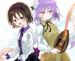 Rule 34 | 2girls, :d, biwa lute, black skirt, blush, brown dress, brown hair, chain, closed mouth, collared dress, collared shirt, commentary request, dress, flower, frilled sleeves, frills, gold chain, hair flower, hair ornament, happy, highres, instrument, long hair, long sleeves, lute (instrument), multiple girls, music, musical note, neck ribbon, open mouth, playing instrument, purple eyes, purple hair, ribbon, shinonome (ichigotsuki), shirt, short hair, siblings, sisters, skirt, smile, teeth, touhou, tsukumo benben, tsukumo yatsuhashi, twintails, upper teeth only, very long hair, white flower, white sleeves