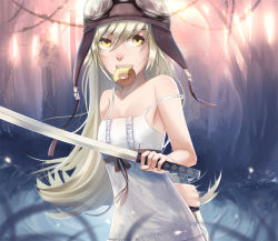 Rule 34 | 1girl, arm behind back, bad deviantart id, bad id, bakemonogatari, blonde hair, breasts, doughnut, dress, dual wielding, fangs, food, forest, goggles, goggles on head, helmet, holding, holding weapon, katana, lips, long hair, monogatari (series), mouth hold, nature, oshino shinobu, small breasts, solo, spaghetti strap, strap slip, sword, weapon, whither laws, yellow eyes