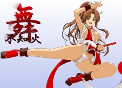 Rule 34 | 1girl, arm up, armpits, bare shoulders, basuchian, breasts, brown eyes, brown hair, cleavage, fatal fury, fingerless gloves, gloves, hand fan, happy, highres, hip focus, large breasts, lips, long hair, no bra, panties, ponytail, shiranui mai, smile, snk, solo, teeth, the king of fighters, tongue, underwear, wide hips