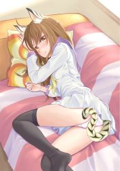 Rule 34 | 1girl, :t, animal ears, ass, black thighhighs, blush, brown eyes, brown hair, couch, highres, original, panties, pillow, pout, solo, tail, thighhighs, tiger ears, tiger tail, underwear, wa (genryusui), white panties