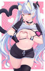 Rule 34 | 1girl, :o, absurdres, animal ear fluff, animal ears, bell, black bow, black shorts, black thighhighs, blonde hair, blush, border, bow, bra, cat ears, cat girl, cat tail, clothes lift, collar, dolphin shorts, earrings, extra ears, frills, grey hair, hair bow, hair ornament, heart, heart-shaped boob challenge, heart hands, heart tail, highres, jewelry, jingle bell, long hair, looking at viewer, multiple tails, navel, neck bell, one breast out, open mouth, original, outside border, pink background, purple bra, raglan sleeves, shirt, shirt lift, short sleeves, shorts, solo, star (symbol), star hair ornament, stomach, tail, tenzeru, thigh gap, thighhighs, twintails, two-tone background, two tails, underwear, very long hair, white border, white shirt, wristband